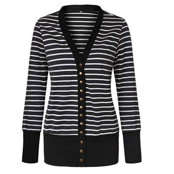 black & white striped v neck cardigan size Large - Picture 2 of 7